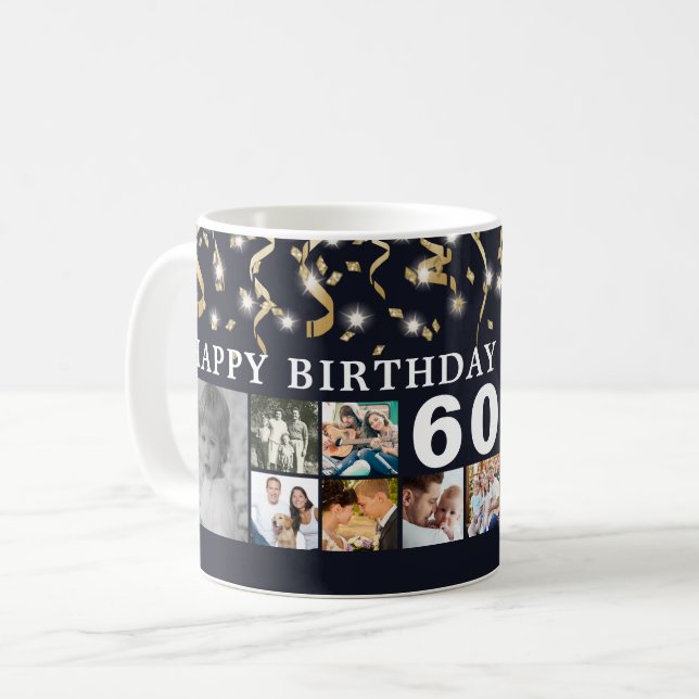 Any Birthday 12 Photo Collage Black Gold Streamers Coffee Mug (Front Left)