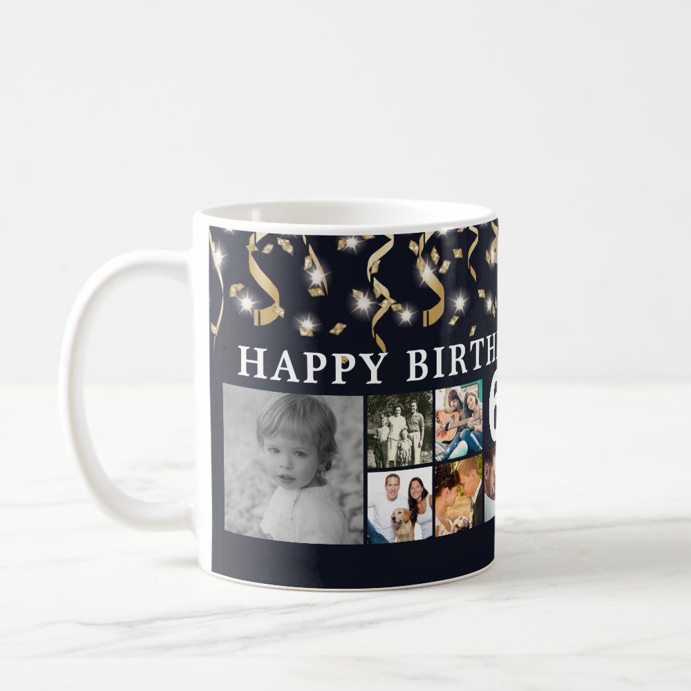 Discover Any Birthday 12 Photo Collage Black Gold Streamers Coffee Mug