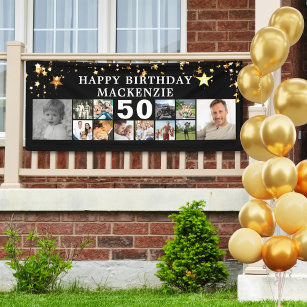 Any Birthday 12 Photo Collage Gold Stars Black Banner