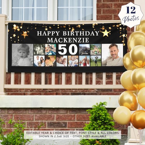 Any Birthday 12 Photo Collage Gold Stars Black Banner