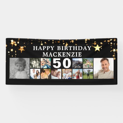 Any Birthday 12 Photo Collage Gold Stars Black Banner - Celebrate any age birthday for him or her with a fun photo collage banner sign featuring 12 square pictures of photo memories through the years and personalized with your custom text and their age. The design features gold star against an editable black background. PHOTO TIP: Choose photos with subjects in the middle and/or pre-crop them into a square shapes BEFORE uploading and use the CHANGE tab in the PERSONALIZE section. CHANGES:  The background color and text font style, color, size and placement can be change by clicking on the CUSTOMIZE FURTHER tab in the PERSONALIZE section. Contact the designer via Zazzle Chat or makeitaboutyoustore@gmail.com if you'd like this design modified or on another product.