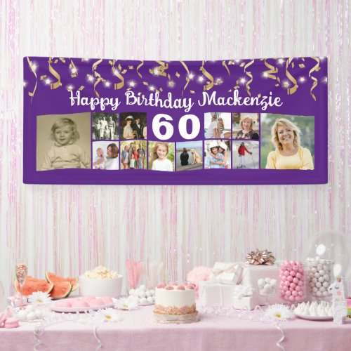 Any Birthday 12 Photo Gold Streamers Custom Color Banner