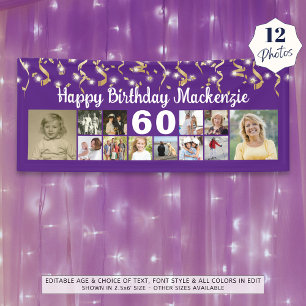 Any Birthday 12 Photo Gold Streamers Custom Color Banner