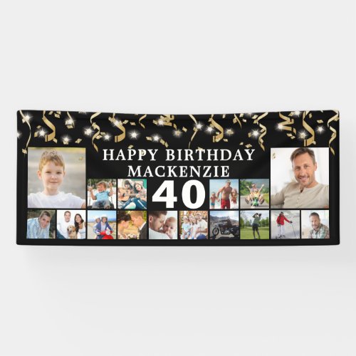 Any Birthday 16 Photo Black Gold Confetti Lights Banner - Celebrate any age birthday for him or her with a fun photo collage banner sign featuring 16 square pictures of photo memories through the years and personalized with your custom text and their age. The design features gold confetti, streamers and lights against an editable black background. PHOTO TIP: Choose photos with subjects in the middle and/or pre-crop them into a square shapes BEFORE uploading and use the CHANGE tab in the PERSONALIZE section. CHANGES:  The background color and text font style, color, size and placement can be changed by clicking on CUSTOMIZE FURTHER in the PERSONALIZE section. Contact the designer via Zazzle Chat or makeitaboutyoustore@gmail.com if you'd like this design modified, on another product or would like coordinating items.