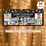 Any Birthday 16 Photo Black Gold Confetti Lights Banner<br><div class="desc">Celebrate any age birthday for him or her with a fun photo collage banner sign featuring 16 square pictures of photo memories through the years and personalized with your custom text and their age. The design features gold confetti, streamers and lights against an editable black background. CHANGES: The background color...</div>