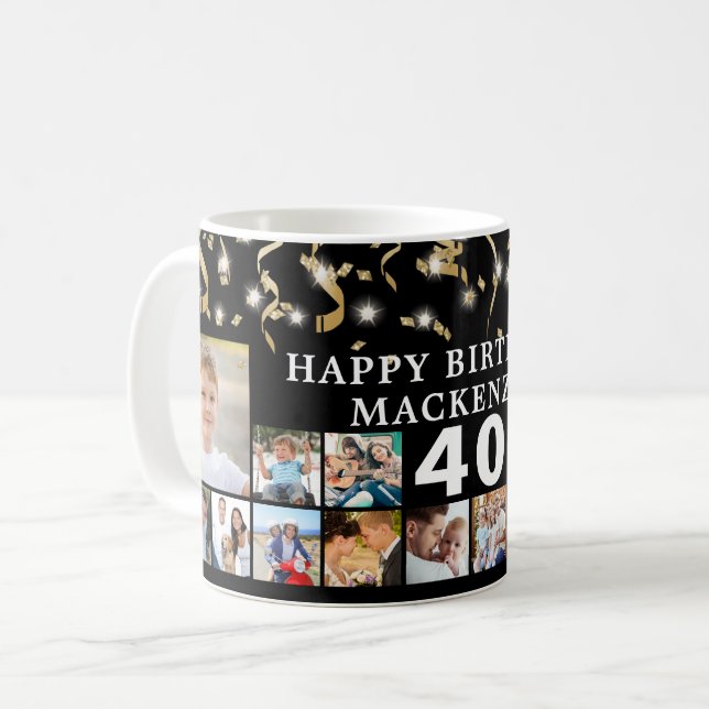 Any Birthday 16 Photo Black Gold Confetti Lights Coffee Mug (Front Left)