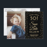 ANY Birthday 2 Photo Black and Gold Save the Date Invitation Postcard<br><div class="desc">Invite family and friends to an upcoming birthday party and share 2 favorite pictures with custom photo "This Kid" save the date invitations. All wording on this template is simple to personalize. The colors, font styles and overlay opacity can be easily customized with the Zazzle Design Editor tool. The black...</div>