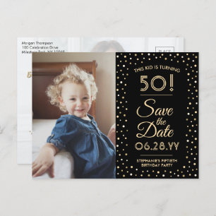 ANY Birthday 2 Photo Black and Gold Save the Date Invitation Postcard