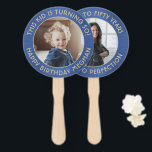 ANY Birthday 2 Photos Brushed Blue and Gold Round Hand Fan<br><div class="desc">Add a cool personalized touch to birthday party decorations with stylish custom photo blue and gold hand fans. Pictures and all wording on this template are simple to customize for any occasion or to include a favorite quote or funny saying. (IMAGE PLACEMENT TIP: An easy way to center a photo...</div>