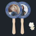ANY Birthday 2 Photos Brushed Blue and Gold Round Hand Fan<br><div class="desc">Add a cool personalized touch to birthday party decorations with stylish custom photo blue and gold hand fans. Pictures and all wording on this template are simple to customize for any occasion or to include a favorite quote or funny saying. (IMAGE PLACEMENT TIP: An easy way to center a photo...</div>