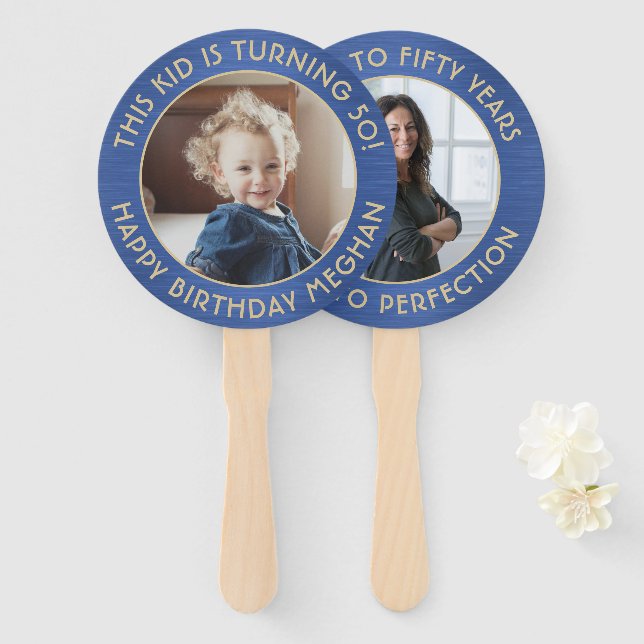 ANY Birthday 2 Photos Brushed Blue and Gold Round Hand Fan (Front and Back)