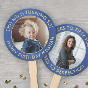 ANY Birthday 2 Photos Brushed Blue and Gold Round Hand Fan