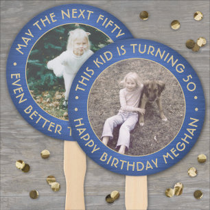 ANY Birthday 2 Photos Brushed Blue and Gold Round Hand Fan