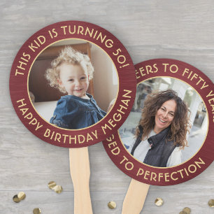 ANY Birthday 2 Photos Brushed Burgundy and Gold Hand Fan