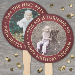 ANY Birthday 2 Photos Brushed Burgundy and Gold Hand Fan<br><div class="desc">Add a cool personalized touch to birthday party decorations with stylish custom photo burgundy and gold hand fans. Pictures and all wording on this template are simple to customize for any occasion or to include a favorite quote or funny saying. (IMAGE PLACEMENT TIP: An easy way to center a photo...</div>