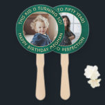 ANY Birthday 2 Photos Brushed Green and Gold Round Hand Fan<br><div class="desc">Add a cool personalized touch to birthday party decorations with stylish custom photo green and gold hand fans. Pictures and all wording on this template are simple to customize for any occasion or to include a favorite quote or funny saying. (IMAGE PLACEMENT TIP: An easy way to center a photo...</div>