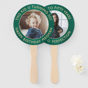 ANY Birthday 2 Photos Brushed Green and Gold Round Hand Fan