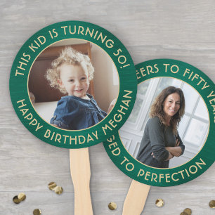 ANY Birthday 2 Photos Brushed Green and Gold Round Hand Fan