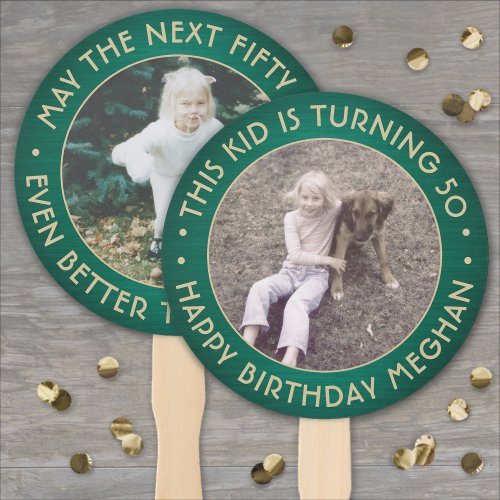 ANY Birthday 2 Photos Brushed Green and Gold Round Hand Fan