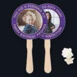 ANY Birthday 2 Photos Brushed Purple & Gold Round Hand Fan<br><div class="desc">Add a cool personalized touch to birthday party decorations with stylish custom photo purple and gold hand fans. Pictures and all wording on this template are simple to customize for any occasion or to include a favorite quote or funny saying. (IMAGE PLACEMENT TIP: An easy way to center a photo...</div>