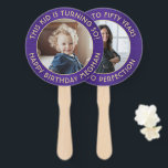 ANY Birthday 2 Photos Brushed Purple & Gold Round Hand Fan<br><div class="desc">Add a cool personalized touch to birthday party decorations with stylish custom photo purple and gold hand fans. Pictures and all wording on this template are simple to customize for any occasion or to include a favorite quote or funny saying. (IMAGE PLACEMENT TIP: An easy way to center a photo...</div>