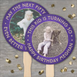 ANY Birthday 2 Photos Brushed Purple & Gold Round Hand Fan<br><div class="desc">Add a cool personalized touch to birthday party decorations with stylish custom photo purple and gold hand fans. Pictures and all wording on this template are simple to customize for any occasion or to include a favorite quote or funny saying. (IMAGE PLACEMENT TIP: An easy way to center a photo...</div>