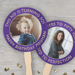 ANY Birthday 2 Photos Brushed Purple & Gold Round Hand Fan<br><div class="desc">Add a cool personalized touch to birthday party decorations with stylish custom photo purple and gold hand fans. Pictures and all wording on this template are simple to customize for any occasion or to include a favorite quote or funny saying. (IMAGE PLACEMENT TIP: An easy way to center a photo...</div>