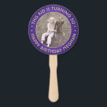 ANY Birthday 2 Photos Brushed Purple & Gold Round Hand Fan<br><div class="desc">Add a cool personalized touch to birthday party decorations with stylish custom photo purple and gold hand fans. Pictures and all wording on this template are simple to customize for any occasion or to include a favorite quote or funny saying. (IMAGE PLACEMENT TIP: An easy way to center a photo...</div>
