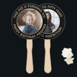 ANY Birthday 2 Photos Elegant Black and Gold Round Hand Fan<br><div class="desc">Add a cool personalized touch to birthday party decorations with stylish custom photo black and gold hand fans. Pictures and all wording on this template are simple to customize for any occasion or to include a favorite quote or funny saying. (IMAGE PLACEMENT TIP: An easy way to center a photo...</div>