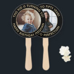ANY Birthday 2 Photos Elegant Black and Gold Round Hand Fan<br><div class="desc">Add a cool personalized touch to birthday party decorations with stylish custom photo black and gold hand fans. Pictures and all wording on this template are simple to customize for any occasion or to include a favorite quote or funny saying. (IMAGE PLACEMENT TIP: An easy way to center a photo...</div>