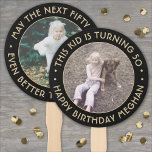 ANY Birthday 2 Photos Elegant Black and Gold Round Hand Fan<br><div class="desc">Add a cool personalized touch to birthday party decorations with stylish custom photo black and gold hand fans. Pictures and all wording on this template are simple to customize for any occasion or to include a favorite quote or funny saying. (IMAGE PLACEMENT TIP: An easy way to center a photo...</div>