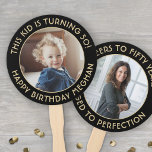 ANY Birthday 2 Photos Elegant Black and Gold Round Hand Fan<br><div class="desc">Add a cool personalized touch to birthday party decorations with stylish custom photo black and gold hand fans. Pictures and all wording on this template are simple to customize for any occasion or to include a favorite quote or funny saying. (IMAGE PLACEMENT TIP: An easy way to center a photo...</div>