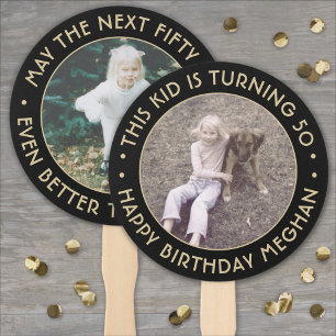 ANY Birthday 2 Photos Elegant Black and Gold Round Hand Fan