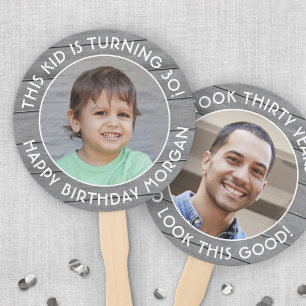 ANY Birthday 2 Photos Simple Gray Faux Wood Round Hand Fan
