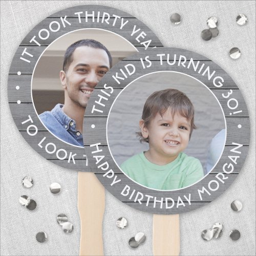 ANY Birthday 2 Photos Simple Gray Faux Wood Round Hand Fan