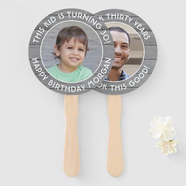 ANY Birthday 2 Photos Simple Gray Faux Wood Round Hand Fan (Front and Back)