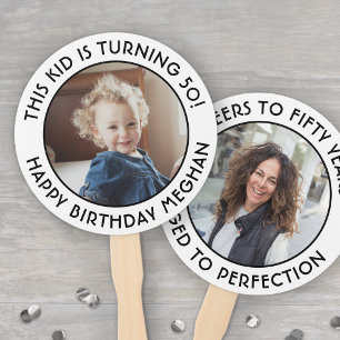 ANY Birthday 2 Round Photos Modern White & Black Hand Fan