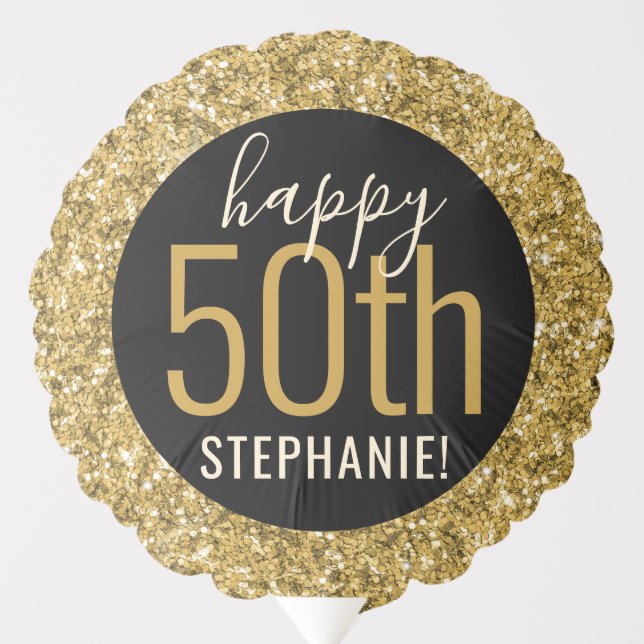 Any Birthday Black Gold Glitter Personalized Balloon (Front)