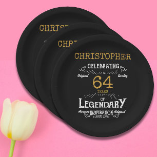 Any Birthday Black Gold Retro Paper Plates