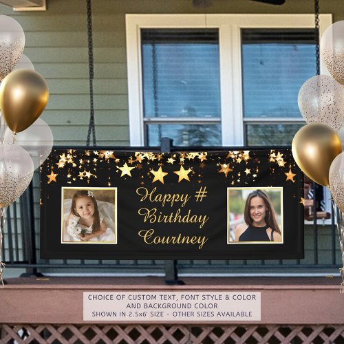 Any Birthday Black Gold Stars 2 Photos Custom Text Banner