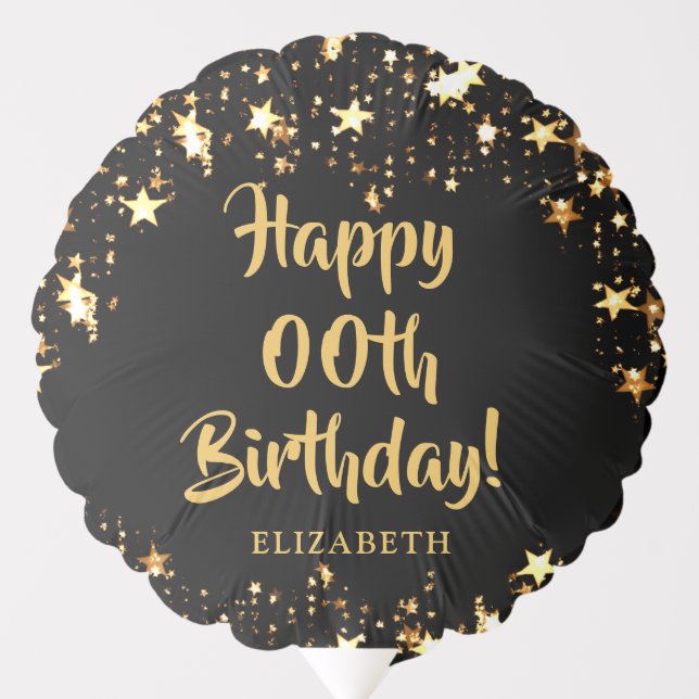 Any Birthday Black & Gold Stars Personalized Balloon (Front)