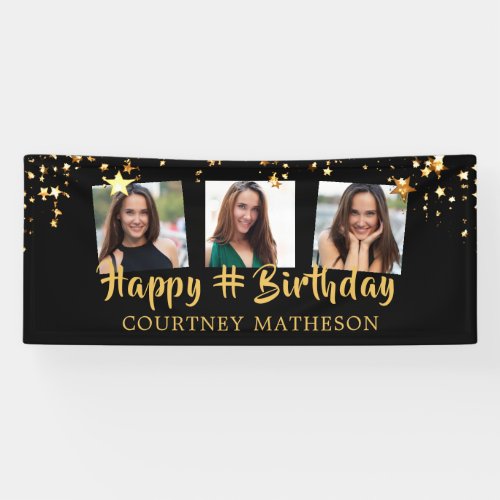 Any Birthday Black Gold Stars Photo Personalized Banner