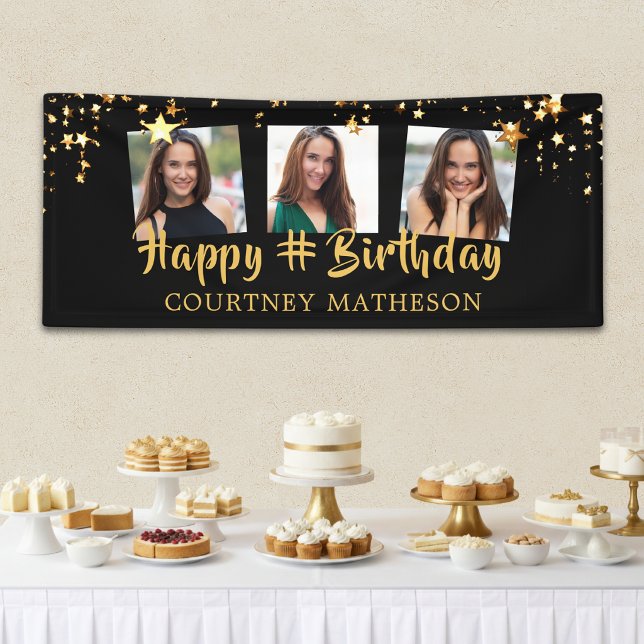 Any Birthday Black Gold Stars Photo Personalized Banner (Creator Uploaded)