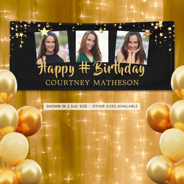 Any Birthday Black Gold Stars Photo Personalized Banner (Creator Uploaded)