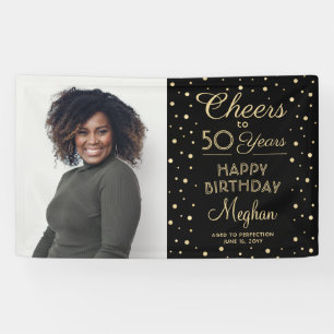 ANY Birthday Cheers Black & Gold Confetti 1 Photo Banner