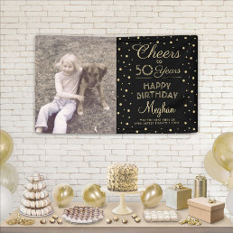 ANY Birthday Cheers Black &amp; Gold Confetti 1 Photo Banner