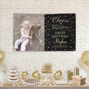 ANY Birthday Cheers Black & Gold Confetti 1 Photo Banner