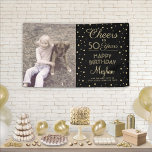 ANY Birthday Cheers Black & Gold Confetti 1 Photo Banner<br><div class="desc">Celebrate a happy milestone birthday with a custom photo black and gold party banner. (IMAGE PLACEMENT TIP: An easy way to center a picture exactly how you want is to crop it before uploading to the Zazzle website.) Design features any photo of your choice, modern script calligraphy customizable "Cheers to...</div>