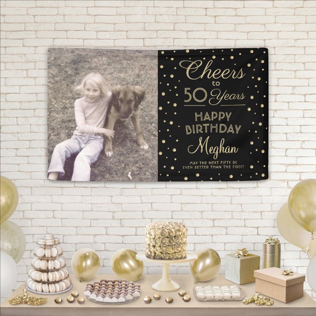ANY Birthday Cheers Black & Gold Confetti 1 Photo Banner (Creator Uploaded)