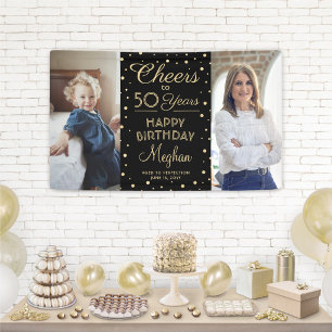 ANY Birthday Cheers Black & Gold Confetti 2 Photo Banner